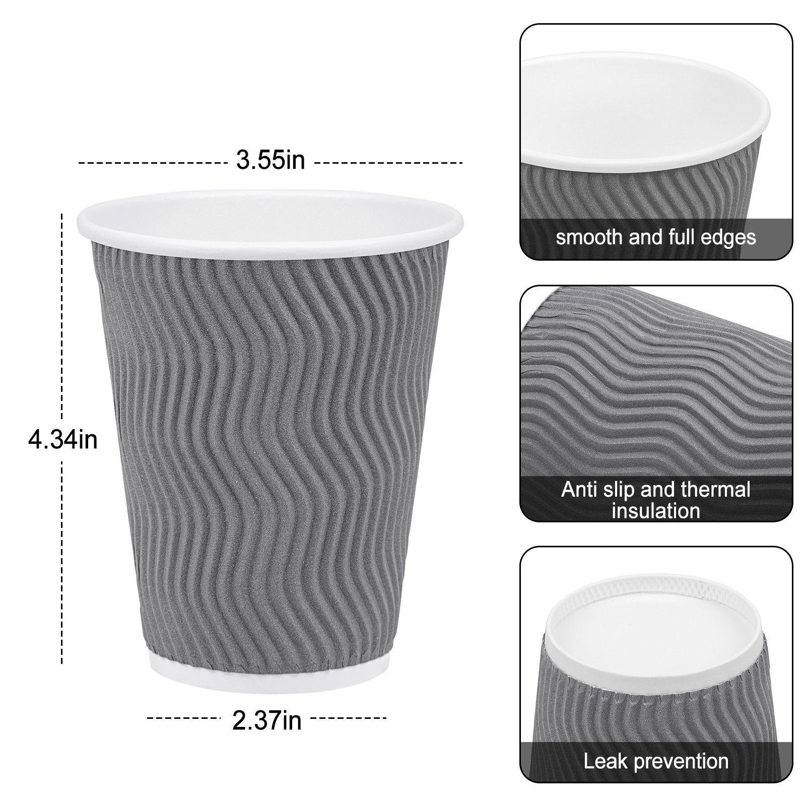 100 Packs 12 oz Cups Disposable Paper Coffee Cups with Thermal Insulation Ripple