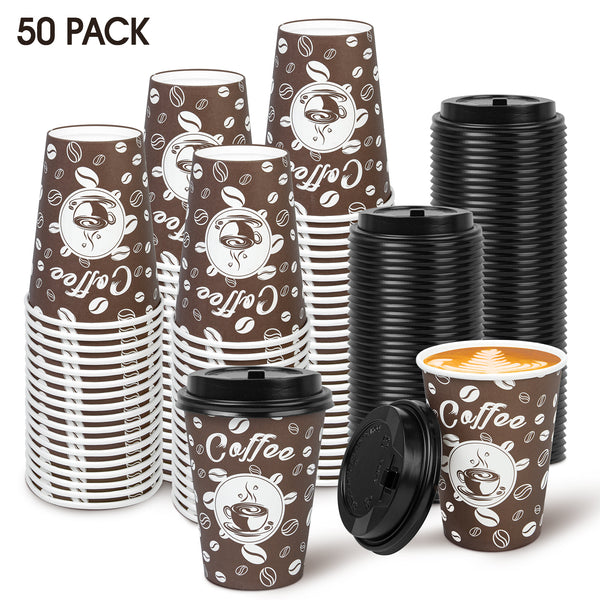 Disposable Paper Cups, Paper Coffee Cups with Lids for Beverages to Go Coffee Cups, 12 oz, 50 Count