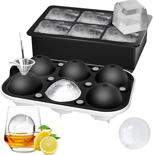 Treamon Ice Cube Trays (Set of 2), Sphere Ice Ball Maker with Lid & Large Square Ice Cube Maker for Whiskey, Cocktails, and Homemade, Keep Drinks Chilled
