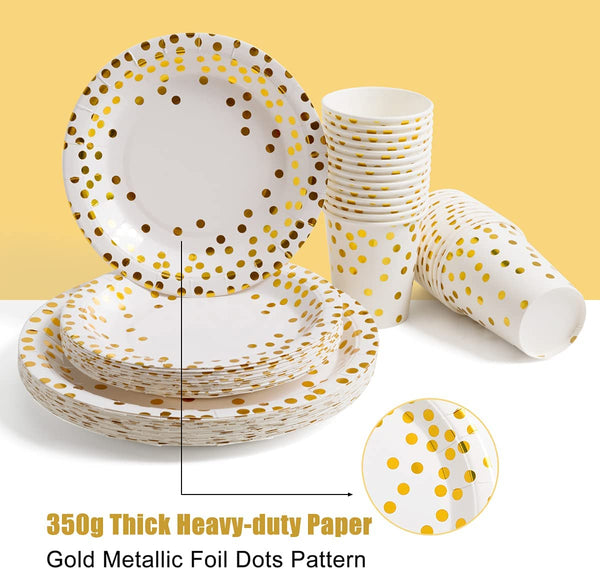 175 Piece Gold Party Supplies Set Serves 25 - Gold Paper Plates Napkins Cups with Gold Plastic Silverware Sets