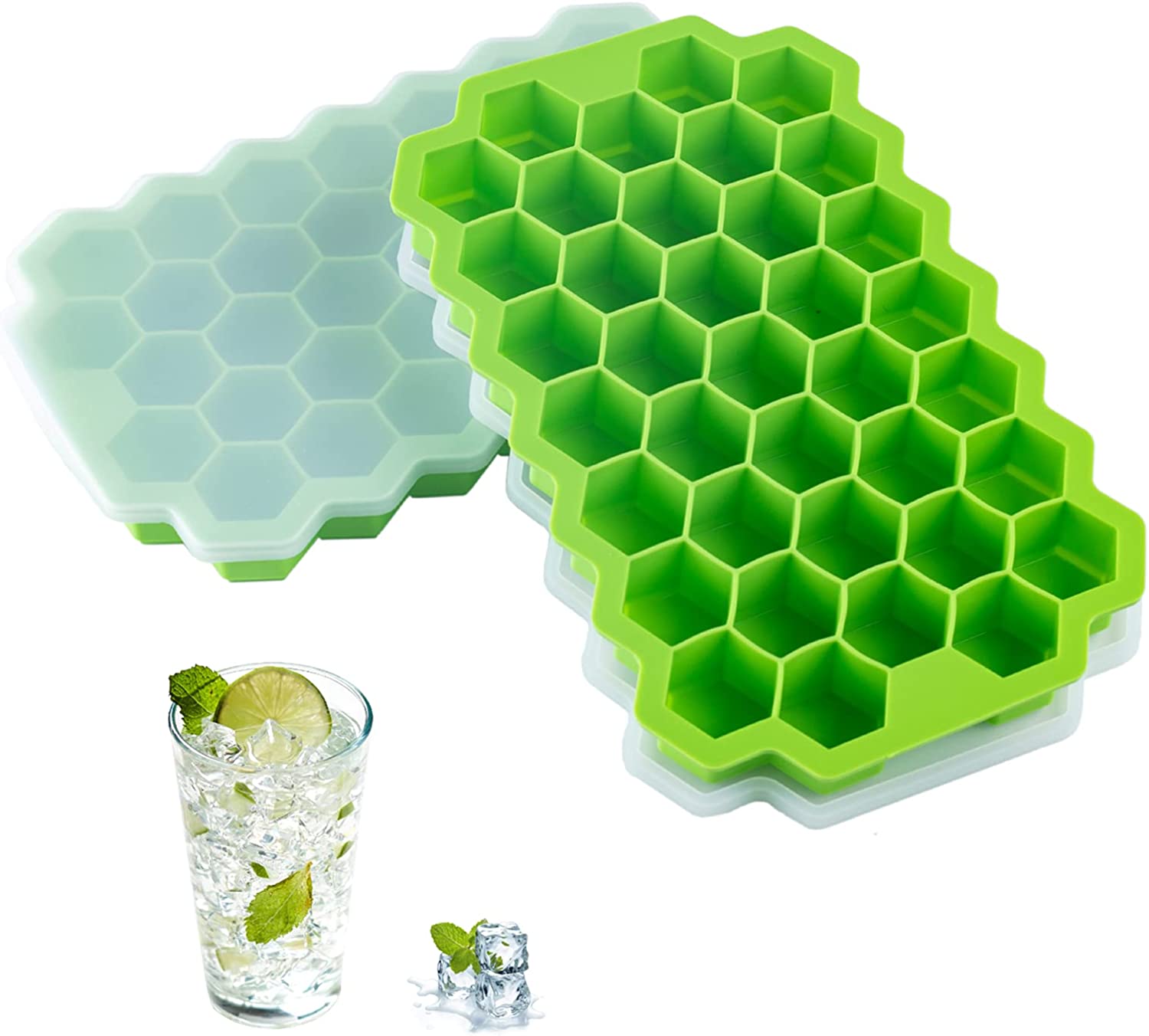 2 PCS Premium Ice Cube Trays, Treamon Silicone Ice Cube Molds with Sealing Lid, 74-Ice Trays, Reusable, Safe Hexagonal Ice Cube Molds, for Chilled Drinks, Whiskey, Cocktail, Food