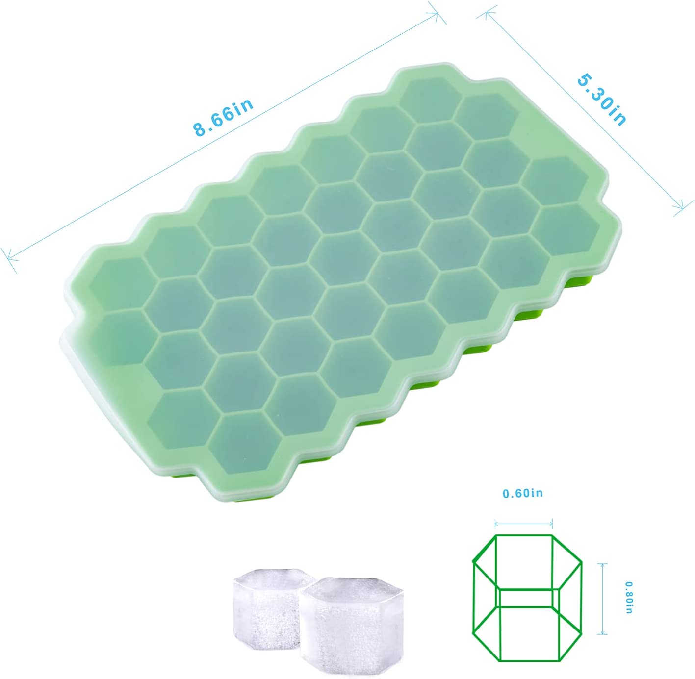 2 PCS Premium Ice Cube Trays, Treamon Silicone Ice Cube Molds with Sealing Lid, 74-Ice Trays, Reusable, Safe Hexagonal Ice Cube Molds, for Chilled Drinks, Whiskey, Cocktail, Food