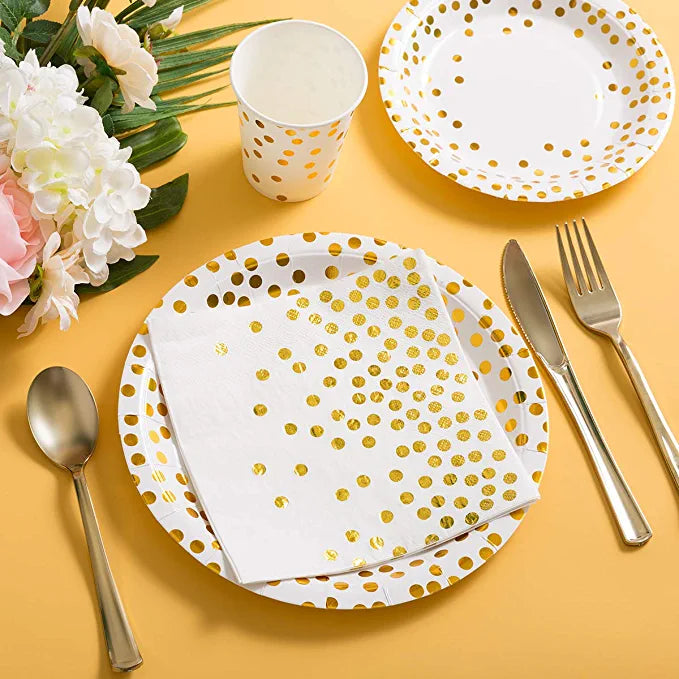 175 Piece Gold Party Supplies Set Serves 25 - Gold Paper Plates Napkins Cups with Gold Plastic Silverware Sets