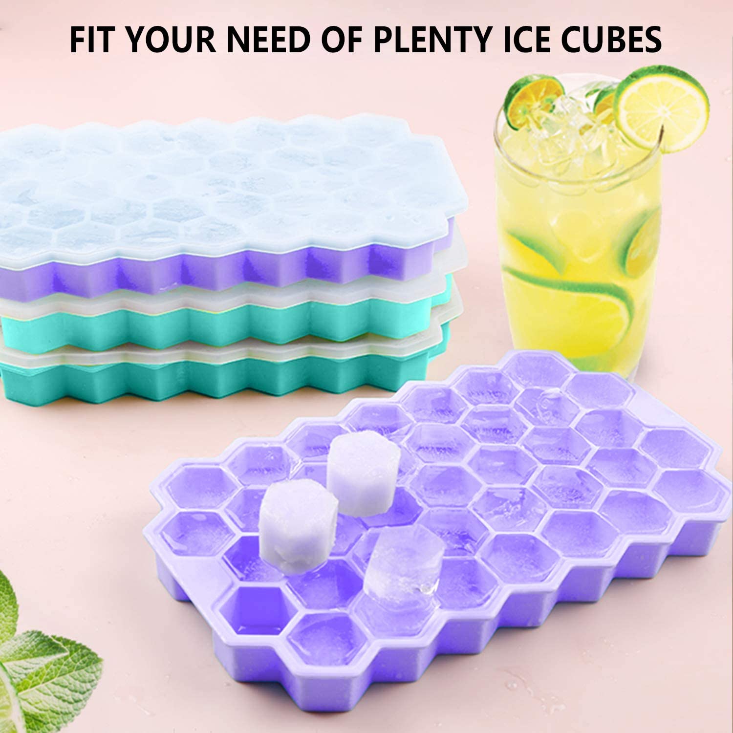 Treamon Upgrade Ice Cube Trays, 2 Pack Silicone Flexible Ice Cube Trays with Lid, 76 Cubes Ice Trays for Chilled Drinks, Whiskey & Cocktails, Stackable Flexible Safe Ice Cube Trays2