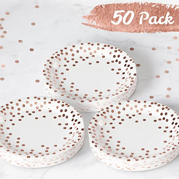 Party Paper Plates, 50-Pack Disposable White and Rose Gold Plates