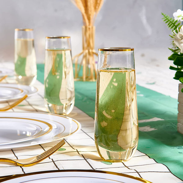 12 Pack Plastic Champagne Flutes, 9 oz Stemless Disposable Gold Rim Toasting Glasses