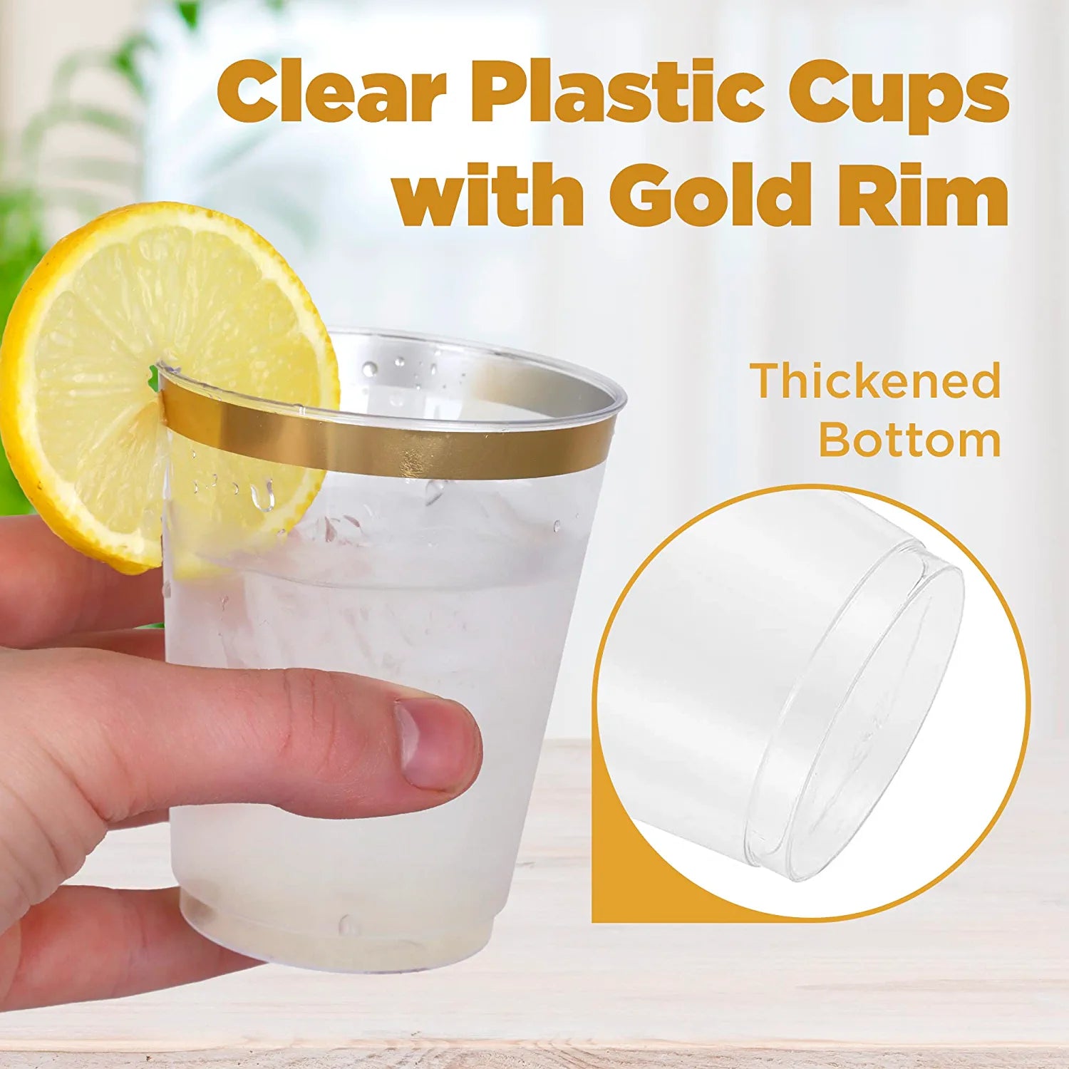 Gold Plastic Cups For Party - 10 Oz Clear Party Cups - Hard Disposable Cups 50 Pack