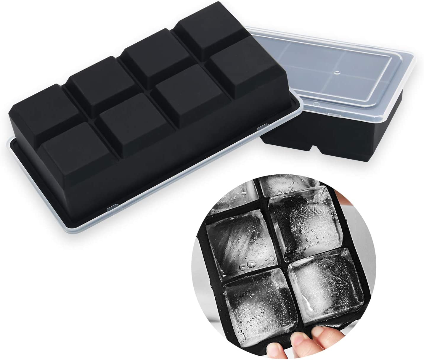 Treamon Large Ice Cube Trays for Cocktails 4 Pack - Silicone Ice Cube Mold for Whiskey, Easy Release Reusable Molds with Removable Lids for Making 24 Pcs Large Ice Cubes (Black)