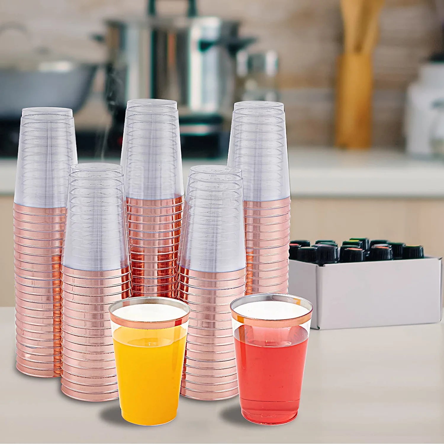 100 PACK Rose Gold Plastic Cups,12Oz Clear Plastic Cups Tumblers, Elegant Rose Gold Rimmed Plastic Cups