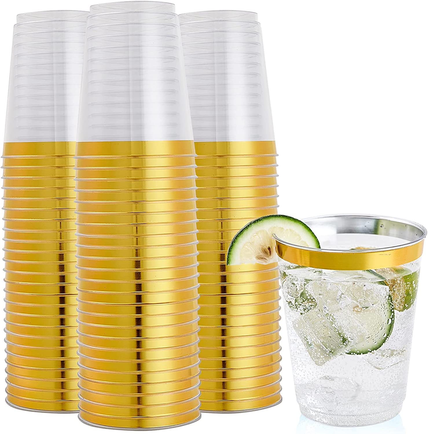 Gold Plastic Cups For Party - 10 Oz Clear Party Cups - Hard Disposable Cups 50 Pack