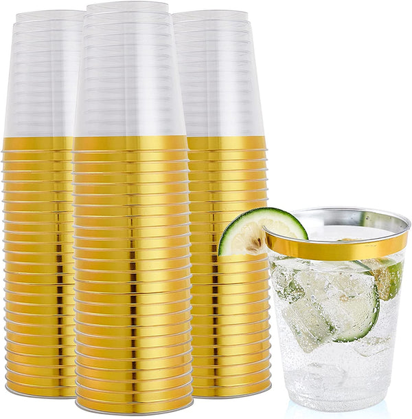 Gold Plastic Cups For Party - 10 Oz Clear Party Cups - Hard Disposable Cups 50 Pack