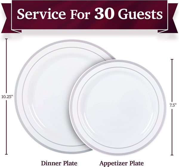 60 Plastic Plates with White and Silver Rim, Heavy Duty Plastic Disposable Party Plates 30 Dinner Plates 10.25 inch, 30 Salad Dessert Appetizer Plates 7.5 inch
