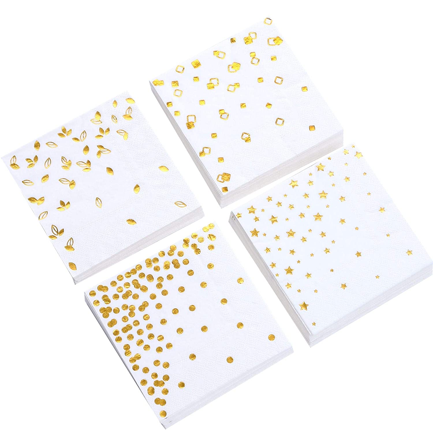 100 PK Gold Napkins - 4 Assorted Designs - 3-Ply Cocktail Napkins Folded 5 x 5 Inches Bar Napkins Disposable Party Napkins