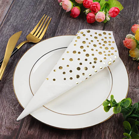 Pack of 120 Gold Foil Guest Napkins White and Golden Polka Dots Disposable Hand Towels