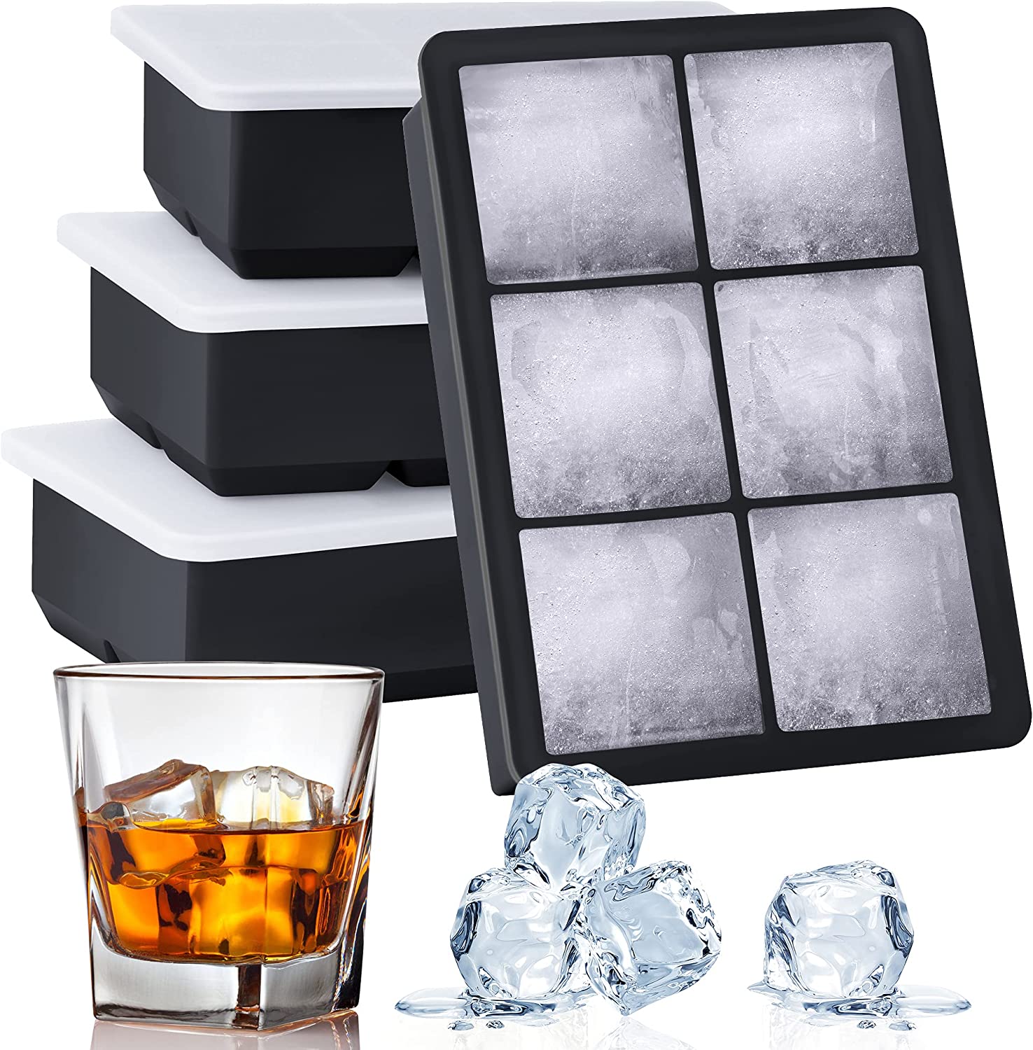 Treamon Large Ice Cube Trays for Cocktails 4 Pack - Silicone Ice Cube Mold for Whiskey, Easy Release Reusable Molds with Removable Lids for Making 24 Pcs Large Ice Cubes (Black)