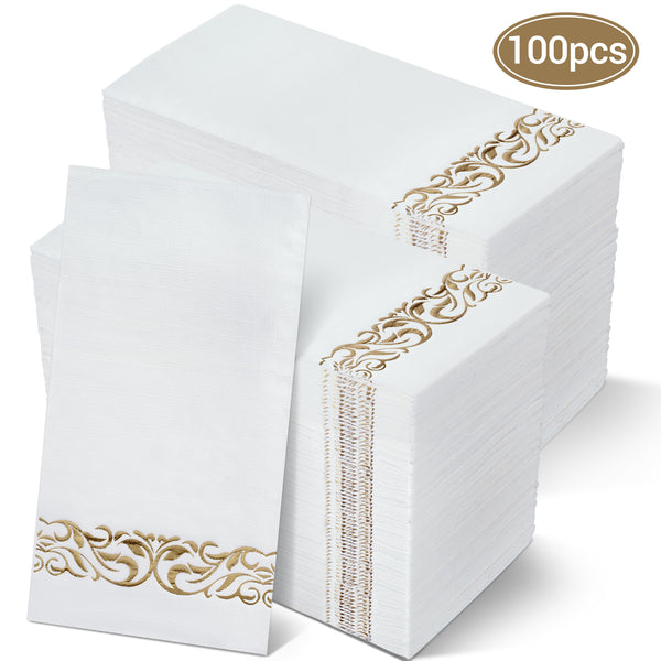 Treamon 100 Pcs Gold Linen-Feel Disposable Guest Towels Bathroom Paper Hand Towels