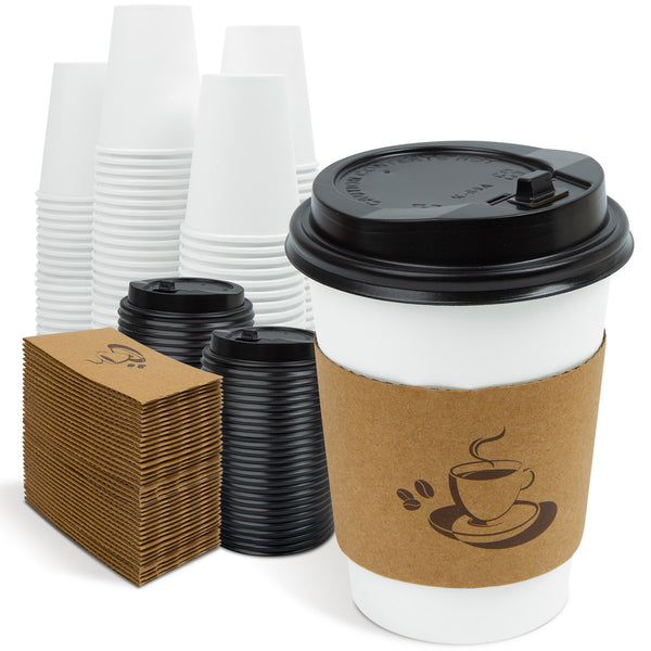 Disposable Paper Coffee Cups with Lids, Sleeve for Hot Beverages to Go Coffee Cups, 12 oz, 50 Count